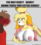 absurd_res ambiguous_gender animal_crossing anthro big_breasts blushing_profusely boobs?_wanna_touch_boobs? breasts brother_(lore) brother_and_sister_(lore) canid canine clothed clothing digby_(animal_crossing) duo english_text female female_focus flashing flashing_breasts hi_res huge_breasts implied_incest incest_(lore) isabelle_(animal_crossing) looking_at_breasts male_(lore) mammal meme nintendo nipples no_underwear open_clothing open_shirt open_topwear shirt sibling_(lore) sister_(lore) solo_focus text topwear vexxyvex