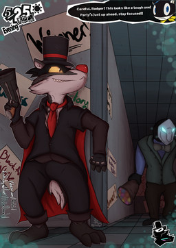 3_toes 4_fingers anthro barefoot black_body black_fur blue_eyes bottomwear bow_(feature) bow_tie cape claws clothed clothing detailed_background dialogue duo feet fingerless_gloves fingers flower fluffy fluffy_tail fully_clothed fur gameplay_mechanics gloves glowing glowing_eyes grey_body grey_fur grin gui gun handwear hat headgear headwear health_bar holding_gun holding_object holding_ranged_weapon holding_weapon inside kerchief male mask multicolored_body multicolored_fur neckerchief necktie neckwear pants paws plant ranged_weapon red_nose shirt smile snout standing tail teeth text toes top_hat topwear weapon white_body white_fur yellow_eyes asbel_lhant conditional_dnp atlus confuzzled megami_tensei persona_(series) persona_5 sega brok_(confuzzled) morgana_(persona) badger domestic_cat felid feline felis humanoid mammal mustelid musteline tuxedo_cat english_text hi_res url