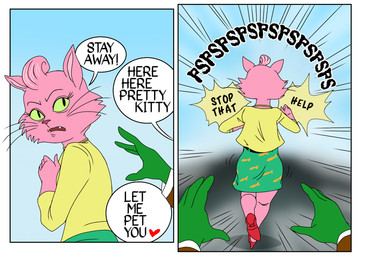 anthro dialogue female fur green_body green_sclera green_skin harassment mature_anthro mature_female pink_body pink_fur rear_view running text dbaru third-party_edit flaminhotcheatoes_(colorist) bojack_horseman netflix anon princess_carolyn domestic_cat felid feline felis mammal color_edit colored comic english_text hi_res