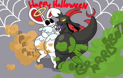 ambiguous_gender anthro clothing costume fart fart_cloud fart_fetish group halo holidays spider_web trio brappycatty chikn_nuggit halloween mythology fwench_fwy_(chikn_nuggit) iscream_(chikn_nuggit) demon dragon lagomorph leporid mammal mythological_creature mythological_scalie rabbit scalie nonbinary_(lore)