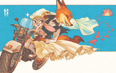 anthro black_tie_(suit) church clothing digit_ring dress female female_anthro holding_waist husband_and_wife jewelry just_married larger_male male male/female male_anthro married_couple motorcycle petals riding_motorcycle ring size_difference smaller_female smile suit vehicle wedding_dress wedding_ring pearjar disney zootopia judy_hopps nick_wilde canid canine european_rabbit fox lagomorph leporid mammal oryctolagus rabbit red_fox true_fox digital_media_(artwork) hi_res