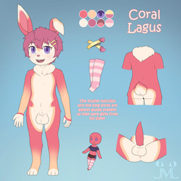 accessory anthro balls big_balls big_penis femboy fur genitals hair hair_accessory hairclip looking_at_viewer male orange_body orange_fur penis presenting purple_eyes rear_view red_body red_fur red_hair shota solo spread_legs spreading tapering_penis white_body white_fur young jm-luxro coral_(jmluxro) lagomorph leporid mammal rabbit 1:1 hi_res model_sheet