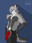 3:4 animal_genitalia anthro bodily_fluids canid canine canine_genitalia canis genital_fluids genitals heishi_(fursona) hi_res knot lycan_oskari male mammal muscular muscular_male penis precum presenting sheath solo wolf