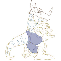 abdominal_bulge anthro balls big_balls big_bulge big_penis bottomwear bulge butt clothing detailed_bulge female female_prey feral genitals grin huge_balls huge_penis hyper hyper_balls hyper_genitalia hyper_penis looking_at_viewer male male_pred muffled penis prey_outline same_size_vore shorts smile smug soft_vore solo squirming tight_belly tight_bottomwear tight_bulges tight_clothing tight_shorts tight_underwear vore conditional_dnp samagthrav2 bandai_namco digimon digimon_(species) exveemon greymon 1:1 absurd_res hi_res