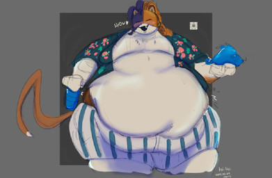 aloha_shirt anthro belly beverage big_belly blush bottomwear brown_body brown_fur clothed clothing collared_shirt fangs fur green_clothing green_shirt green_topwear hair heart_symbol holding_beverage holding_fish holding_object huge_belly long_hair male meow morbidly_obese morbidly_obese_anthro morbidly_obese_male obese obese_anthro obese_male open_clothing open_mouth open_shirt open_topwear overweight overweight_anthro overweight_male pattern_bottomwear pattern_clothing pattern_shirt pattern_shorts pattern_topwear shirt shorts solo striped_bottomwear striped_clothing striped_shorts stripes teeth thick_thighs topwear white_belly white_body white_fur wide_hips koihoi epic_games fortnite meowscles purradise_meowscles calico_cat domestic_cat felid feline felis mammal hi_res