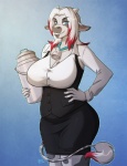 anthro big_breasts breasts clothed clothing cowbell curvy_figure female looking_at_viewer simple_background smile solo standing voluptuous wide_hips conditional_dnp kadath daisy_maybelle bovid bovine cattle holstein_friesian_cattle mammal digital_media_(artwork) signature