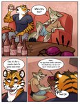 2018 alcohol anthro beer beverage blue_eyes bra bubbeh canid canine canis clothed clothing comic countershading coyote digital_media_(artwork) duo english_text felid fur hi_res karnal_(karnaltiger) male mammal orange_body orange_fur pantherine tan_body tan_fur text tiger underwear zeekerz