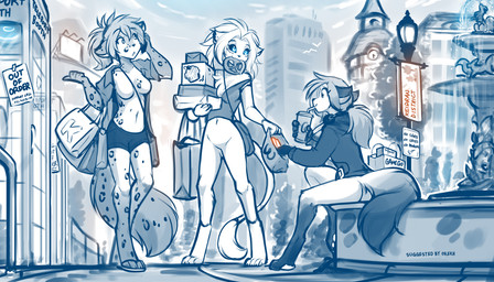 4_toes 5_fingers anthro barefoot beverage biped black_sclera blue_eyes bottomless bottomless_anthro bottomless_female bottomwear breasts butt casual_exposure cellphone chest_tuft claws clothed clothed_anthro clothed_female clothing detailed_background digitigrade eating eating_food electronics featureless_breasts featureless_crotch feet female fingers fluffy fluffy_tail food footwear fountain front_view fur group hair holding_beverage holding_cellphone holding_object holding_phone holding_smartphone hoodie leg_markings markings medium_breasts navel open_clothing open_shirt open_topwear outside partially_clothed_anthro partially_clothed_female pawpads phone pivoted_ears pretzel_(food) public public_exposure sandals shirt shoes shopping_bag sign sitting smartphone smile social_exposure socks_(marking) spots spotted_body spotted_fur spotted_markings spotted_tail standing tail tail_markings tail_tuft text toe_claws toes topless topless_anthro topless_female topwear trio tuft conditional_dnp tom_fischbach twokinds kathrin_vaughan laura_(twokinds) willow_wisp canid canine felid fox hybrid keidran mammal pantherine snow_leopard will-o'-the-wisp 2026 7:4 digital_drawing_(artwork) digital_media_(artwork) english_text hi_res monochrome sketch spot_color