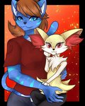 4:5 ambiguous_gender anthro black_nose blue_body blue_eyes braixen brown_hair clothing domestic_cat duo felid feline felis female finnyartwork generation_6_pokemon hair inner_ear_fluff kyrie_fang mammal markings nintendo pokemon pokemon_(species) red_clothing red_ear_fluff red_eyes red_shirt red_topwear shirt teal_markings topwear tuft white_inner_ear_fluff white_markings