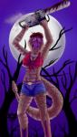 anthro arms_above_head blood bodily_fluids bottomwear breasts chainsaw cleavage clothed clothing female holding_object looking_at_viewer mask moon navel night non-mammal_breasts outside power_tool rattle_(anatomy) shorts slasher solo tongue tongue_out tools quakehoof pit_viper rattlesnake reptile scalie snake viper 2016 hi_res