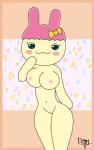 accessory anthro blue_eyes bow_(feature) bow_accessory bow_ribbon breasts female genitals hair_accessory hair_bow hair_ribbon looking_at_viewer musical_note musical_symbol nipples non-mammal_nipples nude pussy ribbons seductive simple_background solo symbol young dan_(artist) tamagotchi chamametchi 2011 hi_res