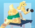 anthro anus balls bicep_curl bottomwear bottomwear_down butt clothed clothing dumbbell exercise exercise_clothing genitals looking_at_viewer looking_back male pants pants_down partially_clothed pawpads paws presenting presenting_hindquarters shirt shorts shorts_down solo tank_top topwear weightlifting weights workout switchbit cheeseus_(cheeseuschrist) lagomorph leporid mammal rabbit 5:4 absurd_res hi_res