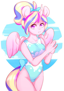 5_fingers accessory alternate_hairstyle anthro anthrofied bow_(feature) bow_accessory bow_ribbon breasts circle clothed clothing cloud detailed_background eyebrows eyelashes feathered_wings feathers female fingers frown furgonomics hair hair_accessory hair_bow hair_ribbon horn looking_at_viewer multicolored_hair one-piece_swimsuit outside pink_body pink_feathers ponytail purple_eyes ribbons sea seascape short_hair simple_background sky solo standing swimwear tail tail_accessory tail_bow tail_ribbon water white_background wings amberpendant friendship_is_magic hasbro my_little_pony mythology princess_cadance_(mlp) equid equine mammal mythological_creature mythological_equine winged_unicorn 2018 absurd_res hi_res portrait three-quarter_portrait