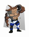 abs anthro bottomwear brown_body clothing exercise male muscular muscular_anthro muscular_male nipples pants pecs solo tools towel weightlifting workout gepredators street_sharks jab_(street_sharks) fish ground_shark hammerhead_shark marine shark