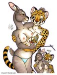 anthro bite biting_another biting_partner black_body black_fur breasts brown_eyes clothed clothing duo eyes_closed female fur grey_body grey_fur inner_ear_fluff male nipples panties shoulder_bite smile topless tuft underwear white_body white_fur yellow_body yellow_fur michele_light antelope bovid cheetah felid feline grey_rhebok mammal reduncine 2023 signature