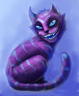 ambiguous_feral ambiguous_gender blue_eyes creepy_smile fangs feral fur glistening glistening_eyes looking_at_viewer markings open_mouth open_smile pupils purple_body purple_fur sharp_teeth side_view sitting slit_pupils smile solo striped_back striped_legs striped_markings striped_tail stripes tail tail_markings teeth hufnaar alice_in_wonderland cheshire_cat domestic_cat felid feline felis mammal 2015 dated hi_res signature