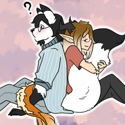 ambiguous_gender anthro blush duo eyewear fluffy glasses gloves_(marking) horn hug male markings master oblivious tail tail_hug kascadekrystee aphia sammy_fox arctic_fox canid canine demon fox human mammal true_fox 1:1 low_res