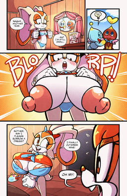 absorption_vore anthro big_breasts bow_tie breast_expansion breast_transformation breasts clothed clothing dialogue expansion female fully_clothed group huge_breasts male onomatopoeia semi_willing_vore sound_effects speech_bubble text vore sachasketchy sega sonic_the_hedgehog_(series) cheese_the_chao chocola_the_chao cream_the_rabbit vanilla_the_rabbit lagomorph leporid mammal rabbit 2026 2d_animation animated animated_comic comic digital_media_(artwork) english_text
