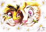 ambiguous_gender anthro duo flower plant smile fantasyisland yunaki konami yu-gi-oh! yugi domestic_cat felid feline felis mammal serval source_request