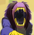 anthro blue_clothing bodily_fluids brown_hair clothing duo female first_person_view glowing glowing_eyes hair holding_viewer imminent_vore mouth_fetish mouth_shot open_mouth prey_pov purple_body purple_scales saliva scales sharp_teeth simple_background teeth uvula yellow_background yellow_teeth feliscede deltarune undertale_(series) susie_(deltarune) reptile scalie 2018 digital_media_(artwork) hi_res shaded