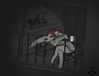 anthro cigarette clothed clothing container cup female smoking smoking_cigarette solo toof_snoot kodi_(toof_snoot) bird_dog canid canine canis domestic_dog hunting_dog irish_setter mammal setter