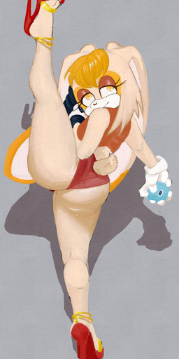 anklet anthro ball big_butt big_ears bottomwear breasts brown_eyeshadow brown_nose butt clothing dipstick_ears ear_markings eyelashes female flexible floppy_ears footwear fur gloves grey_background handwear head_tuft high_heels holding_ball holding_object jewelry long_ears lop_ears multicolored_ears on_one_leg one_leg_up orange_body orange_clothing orange_eyes orange_fur orange_topwear raised_leg rear_view red_bottomwear red_clothing red_footwear red_high_heels shoes simple_background smile solo splits spread_legs spreading standing tan_body tan_fur thick_thighs topwear tuft vertical_splits white_clothing white_gloves white_handwear wide_hips unknown_artist sega sonic_the_hedgehog_(series) vanilla_the_rabbit lagomorph leporid mammal rabbit absurd_res hi_res