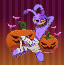 4_fingers anthro bedroom_eyes big_penis bolt_(fastener) clothing costume eyebrows fingers genitals halloween_costume hand_behind_head hand_on_penis holidays jack-o'-lantern looking_at_viewer male mismatched_eyes mummy_wrappings narrowed_eyes penis raised_eyebrow seductive smug_grin solo surgical_suture ari_dibujitos glitch_productions halloween the_amazing_digital_circus frankenstein's_monster jax_(tadc) bat lagomorph leporid mammal patchwork_creature rabbit absurd_res hi_res