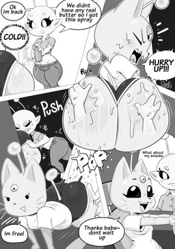 anthro big_butt biped bottomwear breasts butt cartoon_freckles clothing denim denim_bottomwear denim_clothing dialogue duo eyelashes female freckled_face freckles huge_butt jeans long_eyelashes pants pupils shirt smile speech_bubble tail text topwear wide_hips nebssik alien alien_humanoid felid feline humanoid mammal absurd_res comic english_text hi_res monochrome