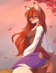 anthro clothed clothing eyebrows female hair leaf long_hair outside solo text fensu-san heather_(fensu-san) canid canine fox mammal 2023 digital_media_(artwork) hi_res tagme url