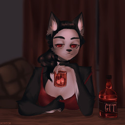 alcohol anthro bar bar_stool beverage black_body black_collar black_fur black_hair bottle bra breasts cleavage clothed clothed_female clothing collar container cup dimly_lit drinking_glass drunk eyebrows female fur furniture glass glass_container glass_cup grey_body grey_fur hair half-closed_eyes holding_container holding_cup holding_drinking_glass holding_object inside looking_at_viewer multicolored_body multicolored_fur narrowed_eyes ponytail red_clothing red_eyes red_topwear relaxing sitting sleeveless_clothing smile smirk solo space_station sports_bra stool substance_intoxication suggestive sweet_ghost(vk) table thick_eyebrows topwear underwear whiskey white_body white_face white_fur white_hands white_palms mintok space_station_13 zafi_vuf canid canine fox mammal 1:1 absurd_res digital_media_(artwork) digital_painting_(artwork) half-length_portrait hi_res painting_(artwork) portrait shaded signature soft_shading