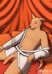 anthro balls bathrobe big_penis clothed clothing curtains eyebrows eyes_closed flaccid foreskin fur furniture genitals glitter humanoid_genitalia humanoid_penis ineffective_clothing leaning leaning_backward long_penis male navel one_ear_up orange_background penis pillow robe robe_only simple_background smile table tan_body text white_clothing orbitalis shopee shopito_(shopee) canid canine canis domestic_dog mammal hi_res url warm_colors