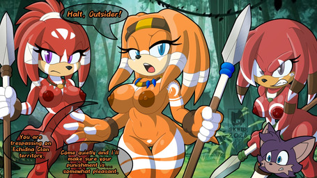 anthro areola bandage big_breasts black_nose blue_eyes breasts brown_areola brown_nipples dialogue female front_view fur genitals group holding_melee_weapon holding_object holding_polearm holding_spear holding_weapon jewelry looking_at_viewer markings melee_weapon navel necklace nipples nude open_mouth orange_body orange_fur polearm purple_eyes red_areola red_body red_fur red_nipples spear talking_to_viewer text thick_thighs thigh_gap trio vulva weapon white_markings wide_hips skwid sega sonic_adventure sonic_the_hedgehog_(series) tikal_the_echidna echidna mammal monotreme 16:9 hi_res widescreen