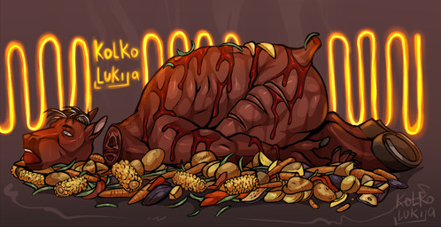 anthro carrot character_prepared_as_food cook cooking corn corpse death food food_dressed fried gore hairless hooves male male_death meat plant potato roast roasting shaved shaved_fur solo vegetable kolkolukija equid equine mammal