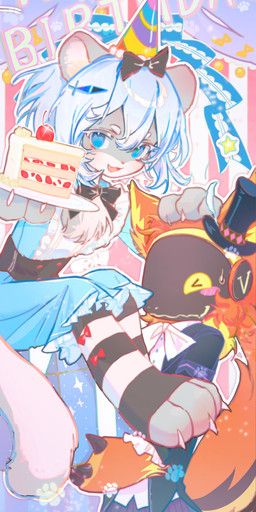 cake dessert duo female food kemono machine male pune yunuo_(character) felid humanoid mammal pantherine protogen snow_leopard absurd_res hi_res