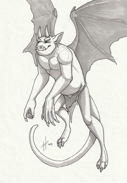 beady_eyes belly big_belly bottomwear claws clothed clothing eyebrows horn loincloth male male_humanoid membrane_(anatomy) membranous_wings mouth_closed overweight overweight_humanoid overweight_male simple_background solo tail topless wing_claws wings hufnaar humanoid imp 2017 absurd_res dated hi_res monochrome