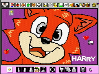 apple fangs food fruit fur grey_eyes hair heart_symbol male open_mouth plant purple_background red_body red_fur screencap simple_background teeth rodricoro game_boy game_boy_family mario_paint nintendo fan_character canid canine canis domestic_dog fox mammal digital_media_(artwork) dithering headshot_portrait mario_paint_(artwork) portrait