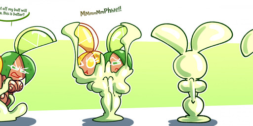 angry annoyed blonde_hair bound breasts brown_body buckteeth candy cookie dessert dialogue duo encasement female food fruit fusing fusion goo_transformation green_body green_eyes green_hair hair lemon lime lime_soda long_ears nipples open_mouth paws plant speech_bubble teeth text transformation transformation_sequence yellow_eyes sachasketchy cookie_run devsisters lemon_fizz_cookie lime_soda_cookie food_creature lagomorph living_candy mammal 2025 absurd_res colored comic digital_media_(artwork) english_text hi_res long_image shaded simple_shading wide_image
