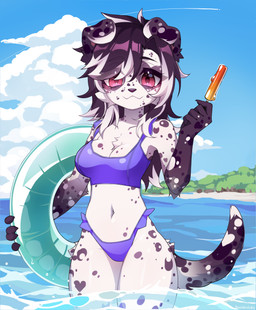 anthro beach bikini bikini_bralette black_hair black_spots breasts claws cleavage clothed clothing cloud female floppy_ears folded_ears food fur hair heart_(marking) heart_symbol inflatable inner_tube long_hair markings multicolored_hair navel pink_eyes plant popsicle purple_bikini purple_clothing purple_swimwear sea seaside smile smiling_at_viewer solo spots spotted_markings swimwear tail tree two-piece_swimsuit water white_body white_fur white_hair yoshinokyoko thalassophilia_(zombiecowherd) olivia_rayne_(zombiecowherd) canid canine canis dalmatian domestic_dog mammal absurd_res hi_res
