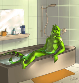 anthro bath dewlap_(anatomy) earhole eyes_closed green_body green_scales gular_flap inside male nipples nude scales smile solo adelaherz iguana iguanid lizard reptile scalie hi_res