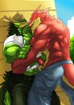 anthro anthro_on_anthro big_muscles blush bottomwear clothed clothing detailed_background duo erection eye_contact genitals green_body handjob kissing looking_at_another male male/male muscular muscular_male open_bottomwear open_clothing open_pants pants penile penis red_body sex tail topless topless_male undressing kokukokuboo asian_mythology east_asian_mythology mythology dramon razul dragon eastern_dragon mythological_creature mythological_scalie scalie