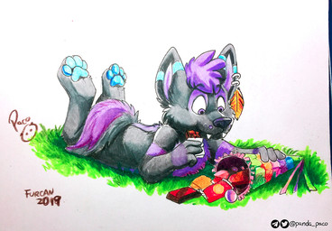 anthro blue_pawpads candy chocolate dessert ear_piercing ear_ring eating fangs food fur grass grey_body grey_fur hair holding_candy holding_chocolate holding_food holding_object logo lying male male_anthro mouth_closed nude on_front pawpads piercing plant purple_body purple_eyes purple_fur purple_hair ring_piercing short_hair simple_background solo teeth white_background young young_anthro young_male pandapaco canid canine mammal 2019 artist_logo signature