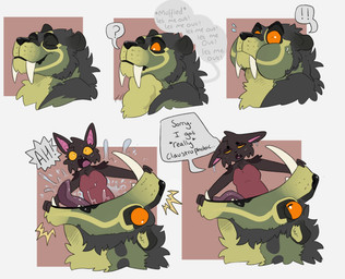 ambiguous_anthro ambiguous_form ambiguous_gender ambiguous_prey anthro big_fangs black_eyebrows black_nose bodily_fluids closed_smile duo eyebrows fangs fur green_body green_fur grey_body grey_fur huge_fangs mouth_closed open_mouth oral_vore red_body red_fur saliva side_view slim_ambiguous slim_anthro smile speech_bubble teeth text vore wet wet_body wet_fur wide_eyed swampjaws swamp_jaws_(imperatorcaesar) felid mammal english_text hi_res
