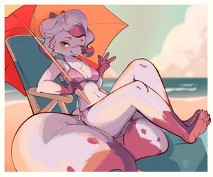 4_fingers 4_toes anthro barefoot beach beach_umbrella bikini border breasts claws cleavage clothed clothing cloud countershade_feet countershading detailed_background feet female fingers fur gesture gloves_(marking) hand_gesture hindpaw holding_object leg_markings looking_at_viewer markings midriff navel outside parasol paws pink_soles reclining red_body red_fur sand sea seaside sky smile socks_(marking) soles solo swimwear toe_claws toes two-piece_swimsuit v_sign water white_body white_border white_fur conditional_dnp tohupo canid canine fox mammal 2023 absurd_res dated digital_media_(artwork) hi_res shaded