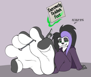 3_toes anthro big_feet black_hair black_nose clothing countershade_feet countershade_fur countershading dialogue feet female foot_fetish fur gesture green_eyes hair hand_gesture huge_feet lidded_eyes looking_at_viewer magic magic_user multicolored_body multicolored_fur multicolored_hair plantigrade pointing ponytail purple_clothing purple_hair robe sign simple_background sitting smile smiling_at_viewer soles solo talking_to_viewer text tickling toe_restraints toes two_tone_body two_tone_fur two_tone_hair white_soles nudeknightart sarnari hi_res