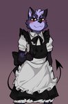 anthro apron blush clothed clothing crossdressing dress femboy gun looking_at_viewer maid_uniform male narrowed_eyes purple_background ranged_weapon simple_background solo spade_tail standing tail uniform weapon rygel_spkb rygel_(rygel_spkb) demon mammal procyonid raccoon 2021 hi_res