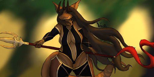 anthro big_breasts breasts brown_hair clothed clothing female fur fur_markings hair horn light light_beam long_hair markings melee_weapon polearm solo spear sunbeam sunlight tail thick_thighs weapon voirath mythology atshari_(voirath) dragon mythological_creature mythological_scalie scalie trifeagon absurd_res hi_res sketch