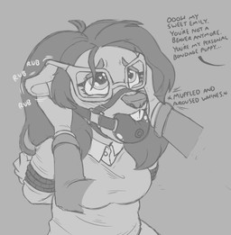ambiguous_gender anthro ball_gag bdsm blush bondage bound buckteeth clothing dialogue duo eyewear female female/ambiguous gag glasses heart_eyes heart_symbol rubbing_head species_play teeth text caroo beaver mammal rodent english_text monochrome