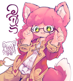 anthro blush bottomwear clothing eyewear female fingers fur glasses green_eyes hair handpaw inner_ear_fluff jacket looking_at_viewer open_mouth pants pawpads paws pink_body pink_fur pink_hair pink_tail shirt simple_background smile solo tail teeth text topwear tuft dipfal ellie_(dipfal) constructed_language fictional_language hi_res