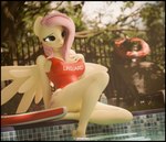 anthro anthrofied big_breasts biped black_border border breasts clothed clothing female hair lifeguard_swimsuit outside pink_hair sitting solo swimming_pool thick_thighs water wings yellow_body steamyart friendship_is_magic hasbro my_little_pony mythology fluttershy_(mlp) equid equine mammal mythological_creature mythological_equine pegasus 3d_(artwork) absurd_res digital_media_(artwork) hi_res