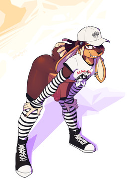 anthro arched_back arm_warmers armwear bent_over big_penis biped bottomless bottomless_anthro bottomless_male brown_body brown_fur butt clothed clothing dreadlocks erection facial_piercing femboy footwear foreskin fur genitals humanoid_genitalia humanoid_penis leg_warmers legwear lip_piercing lip_ring looking_at_viewer male male_anthro multicolored_body multicolored_fur nose_piercing nose_ring penis piercing red_eyes ring_piercing shoes smile smiling_at_viewer solo tan_body tan_fur yellowdog lagomorph leporid mammal rabbit 2025 absurd_res digital_media_(artwork) hi_res